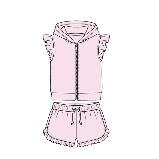 MOQ 5 PCS Preorder GSSO3709 Solid Light Pink Zip Hooded Fly Sleeve Ruffle Shorts Girls Sets 202604
