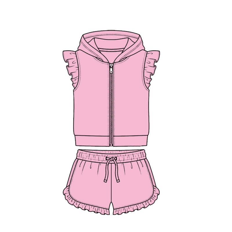 MOQ 5 PCS Preorder GSSO3710 Solid Pink Zip Hooded Fly Sleeve Ruffle Shorts Girls Sets 202604