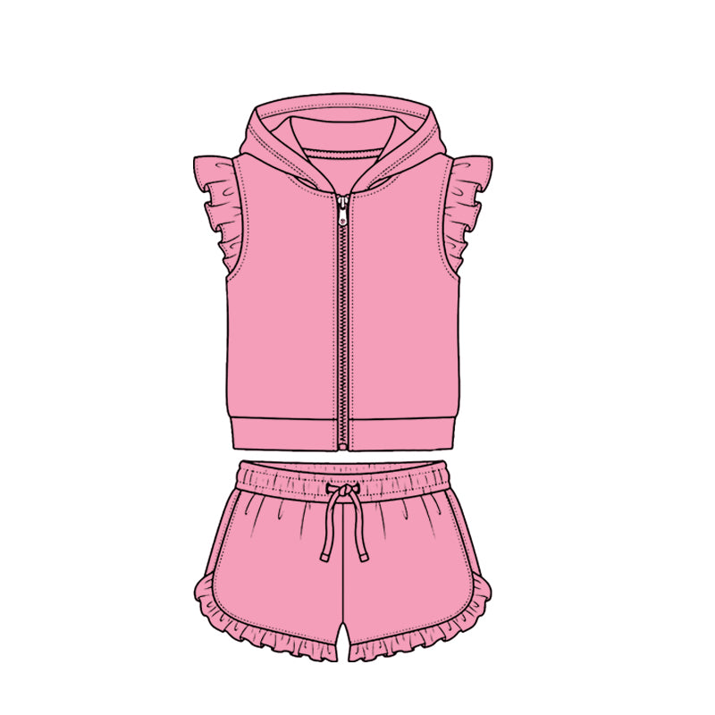 MOQ 5 PCS Preorder GSSO3711 Solid Dark Pink Zip Hooded Fly Sleeve Ruffle Shorts Girls Sets 202604