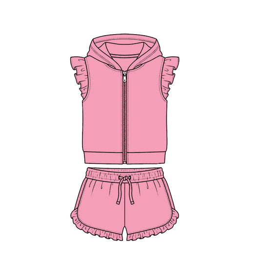 MOQ 5 PCS Preorder GSSO3711 Solid Dark Pink Zip Hooded Fly Sleeve Ruffle Shorts Girls Sets 202604