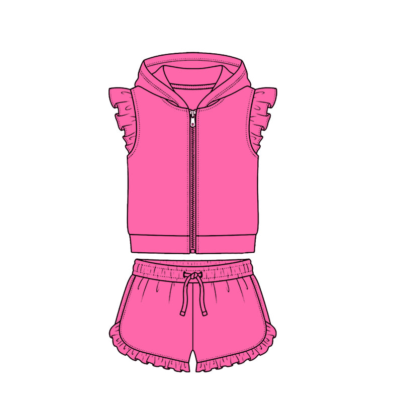 MOQ 5 PCS Preorder GSSO3712 Solid Rose Red Zip Hooded Fly Sleeve Ruffle Shorts Girls Sets 202604