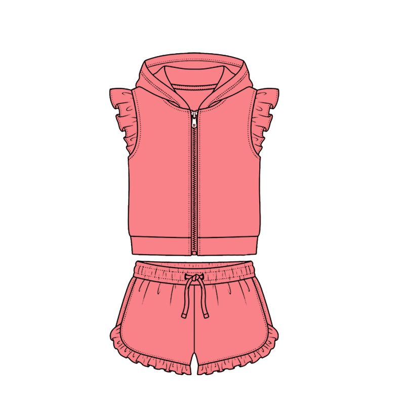 MOQ 5 PCS Preorder GSSO3714 Solid Coral Red Zip Hooded Fly Sleeve Ruffle Shorts Girls Sets 202604