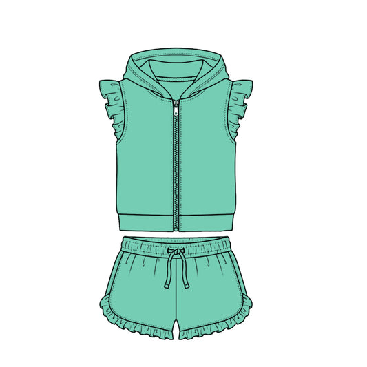 MOQ 5 PCS Preorder GSSO3717 Solid Green Zip Hooded Fly Sleeve Ruffle Shorts Girls Sets 202604