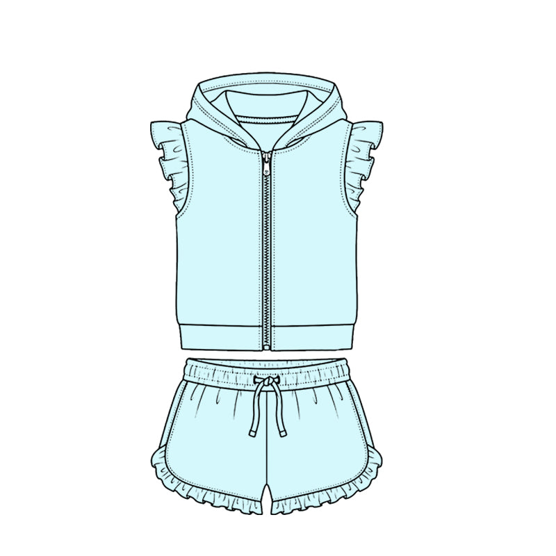 MOQ 5 PCS Preorder GSSO3718 Solid Light Blue Green Zip Hooded Fly Sleeve Ruffle Shorts Girls Sets 202604