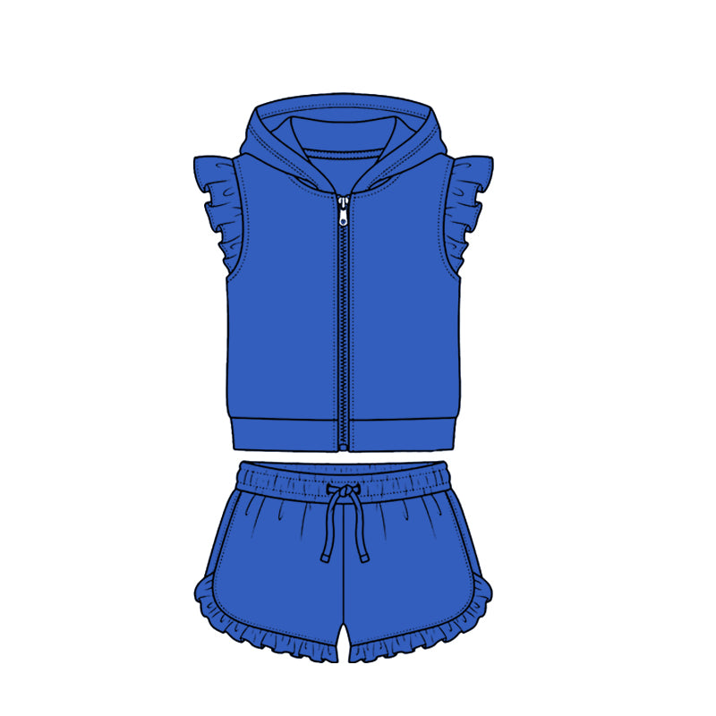 MOQ 5 PCS Preorder GSSO3722 Solid Dark Blue Zip Hooded Fly Sleeve Ruffle Shorts Girls Sets 202604