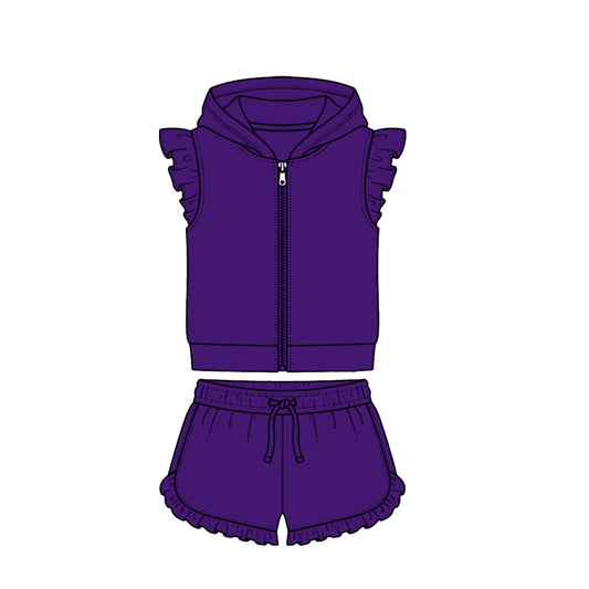 MOQ 5 PCS Preorder GSSO3724 Solid Purple Zip Hooded Fly Sleeve Ruffle Shorts Girls Sets 202604