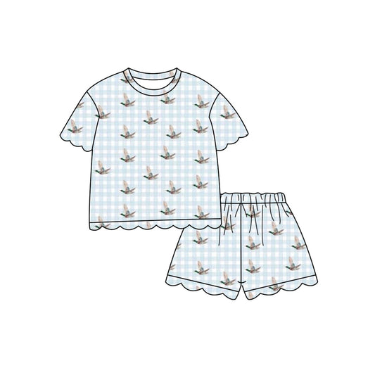 MOQ 30 PCS Preorder GSSO3725 Ducks Pattern Light Blue Plaid Wave Ruffle Short Sleeve Shorts Girls Sets 202604