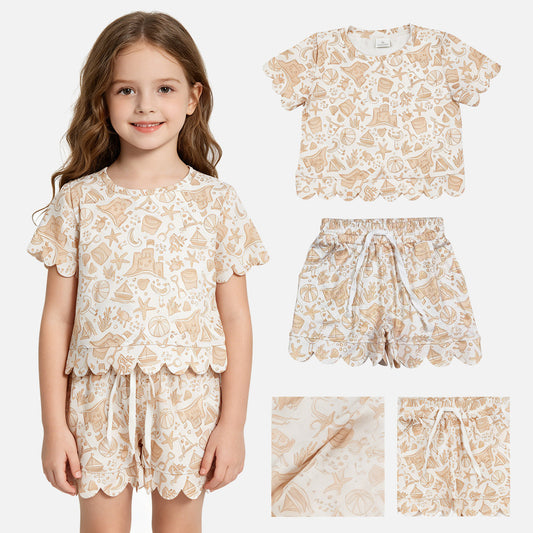 GSSO3728 Crab Coral Beach Castle Wave Ruffle Short Sleeve Shorts Girls Sets 202605 RTS