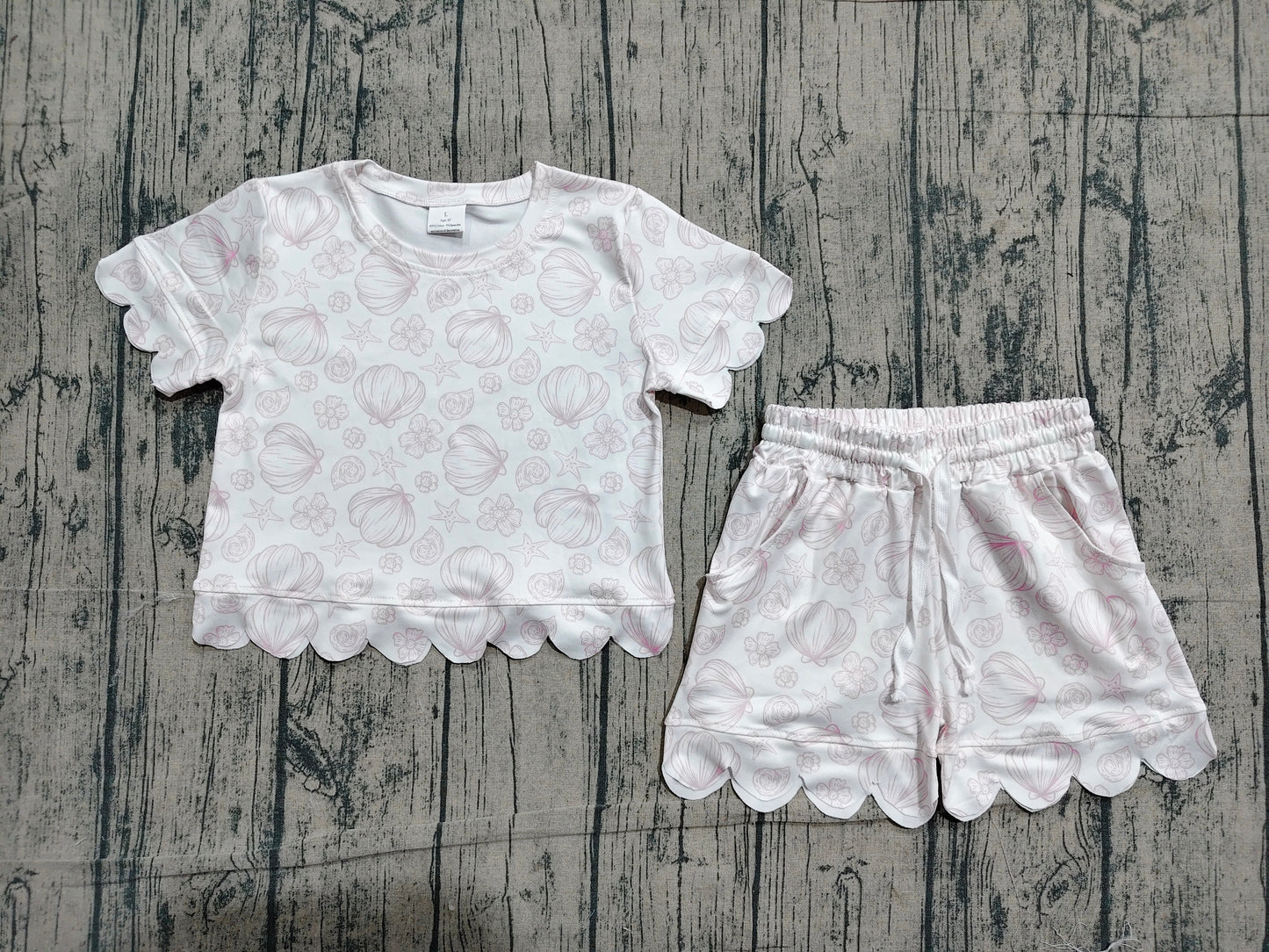 NO MOQ Preorder GSSO3729 Seashell Starfish Flower Wave Ruffle Short Sleeve Shorts Girls Sets 202604