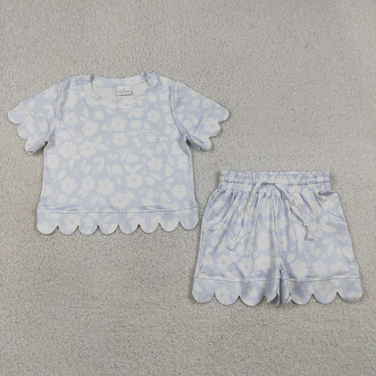 GSSO3730 Flower Light Blue Wave Ruffle Short Sleeve Shorts Girls Sets 202605 RTS