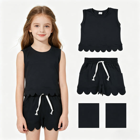 GSSO3733 Solid Black Wave Ruffle Sleeveless Shorts Girls Sets 202605 RTS