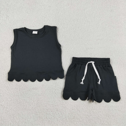 GSSO3733 Solid Black Wave Ruffle Sleeveless Shorts Girls Sets 202605 RTS