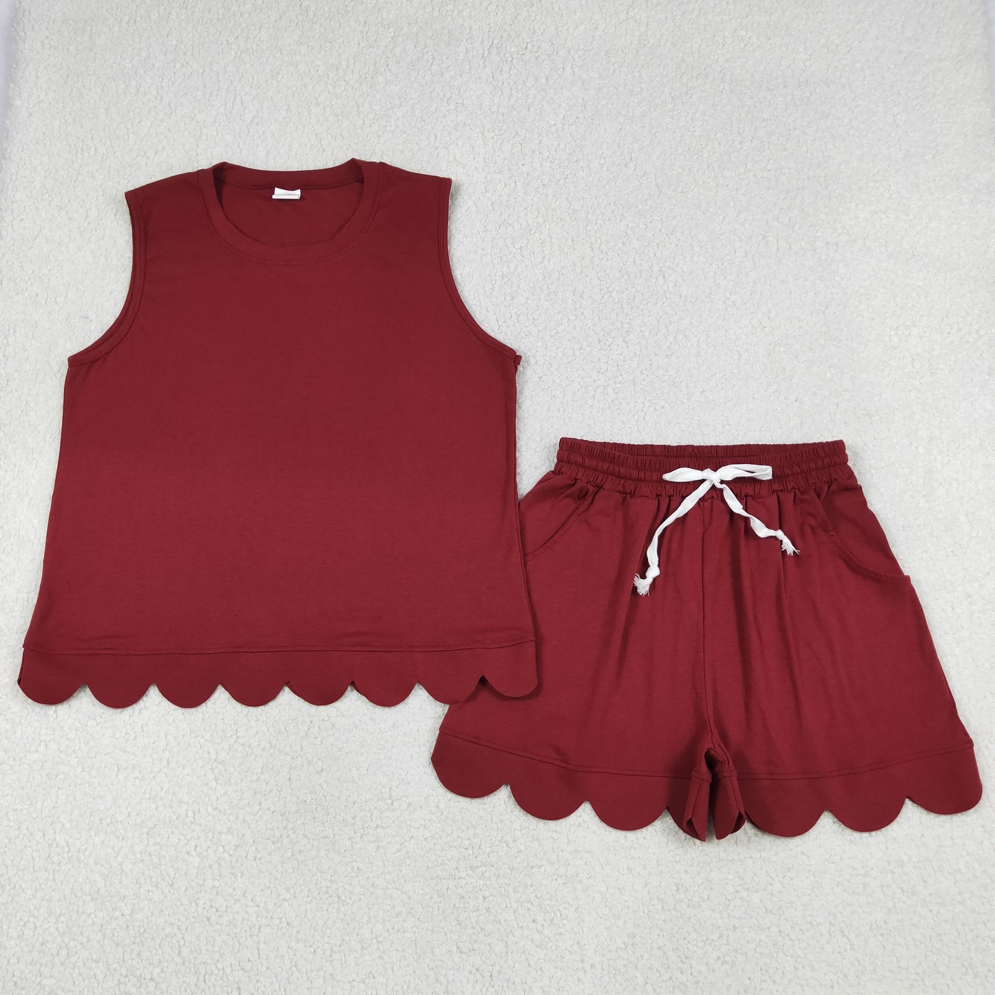 GSSO3735 Adult Female Dark Red Wave Ruffle Sleeveless Shorts Sets 202605 RTS