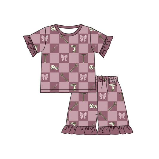 MOQ 5 PCS Preorder GSSO3736 Wrench Tool Bow Pattern Purple Red Ruffle Short Sleeve Shorts Girls Sets 202604