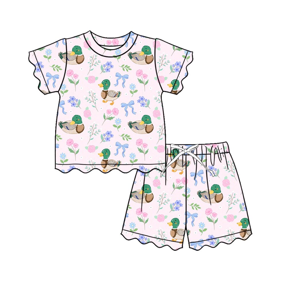 MOQ 30 PCS Preorder GSSO3737 Ducks Flower Bows Pink Wave Ruffle Short Sleeve Shorts Girls Sets 202604