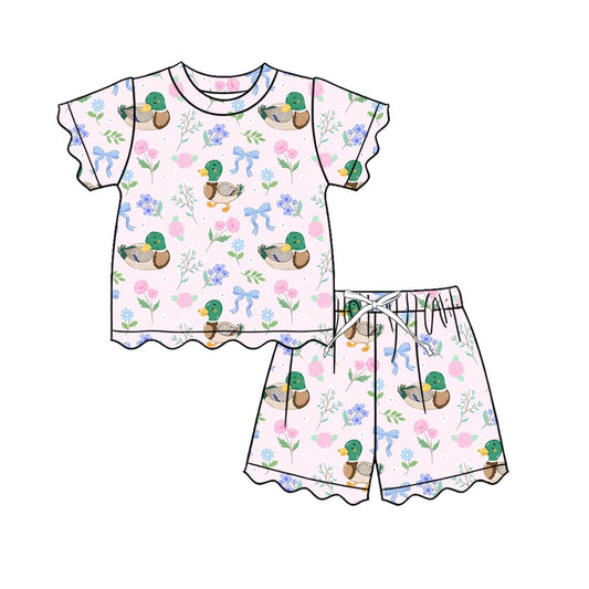 MOQ 30 PCS Preorder GSSO3737 Ducks Flower Bows Pink Wave Ruffle Short Sleeve Shorts Girls Sets 202604
