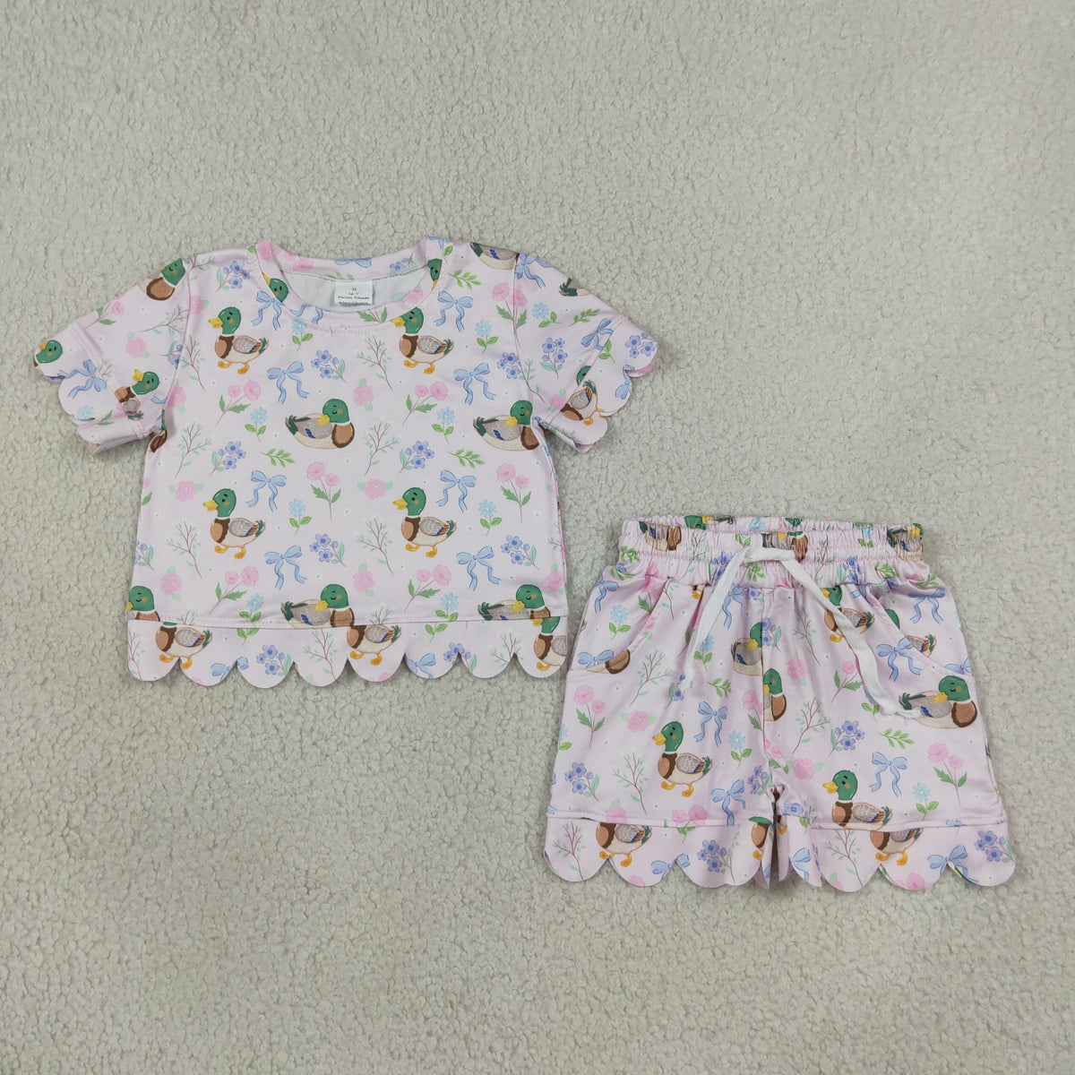 GSSO3737 Mallard Ducks Bows Flower Scallop Edge Girls Shorts Set 202609 RTS