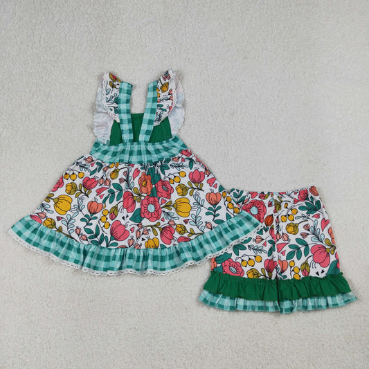 GSSO3738 Flower Lace Ruffle Green Plaid Fly Sleeve Shorts Girls Sets 202604 RTS