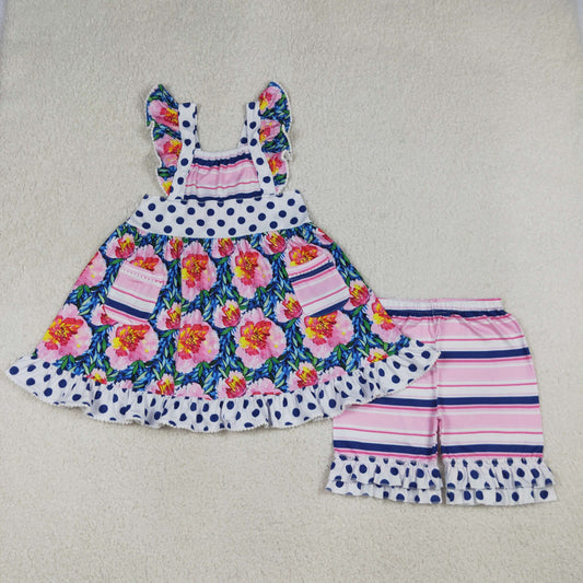 GSSO3739 Flower Navy Dots Ruffle Fly Sleeve Shorts Girls Sets 202604 RTS