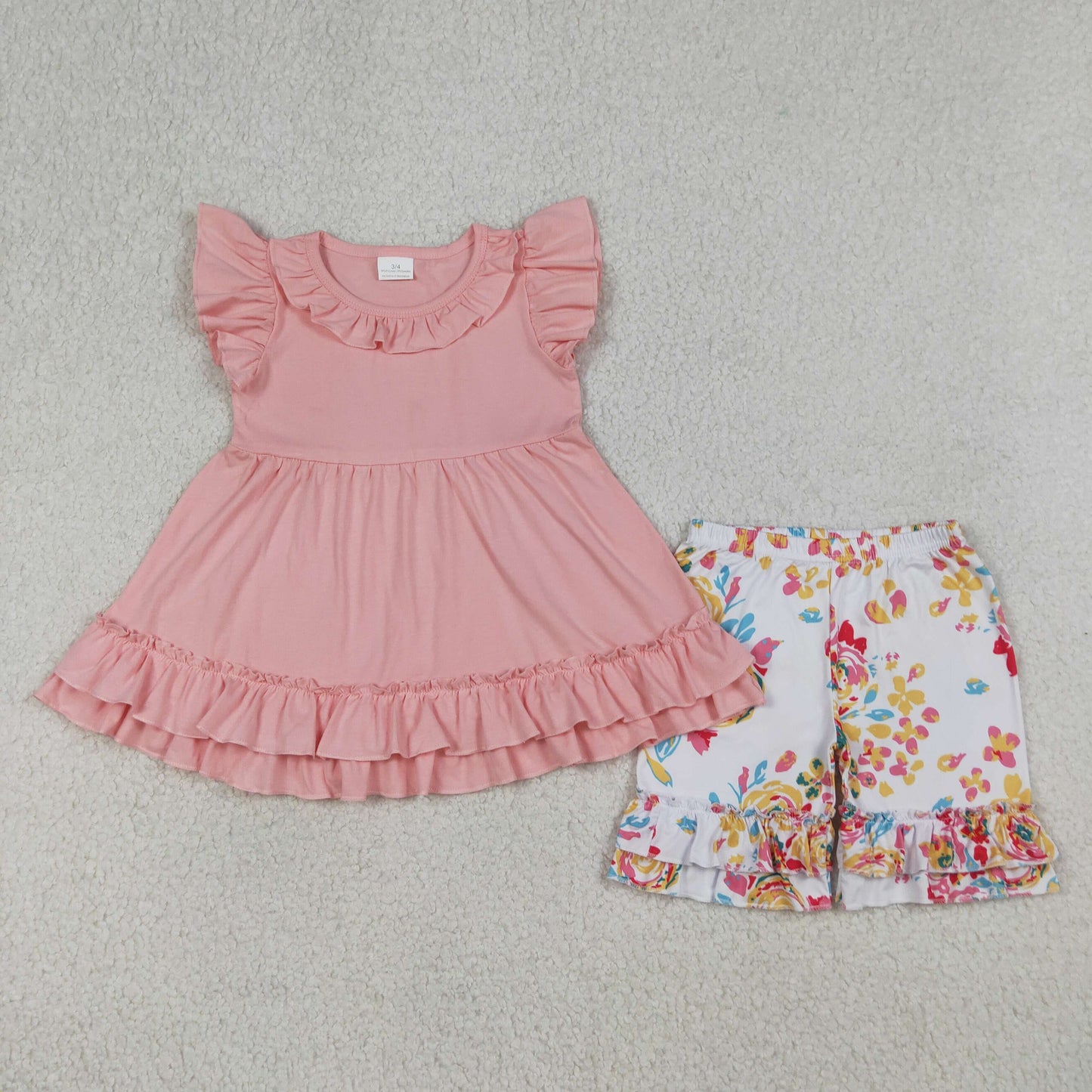 GSSO3743 Solid Pink Ruffle Fly Sleeve Shorts Girls Sets 202604 RTS