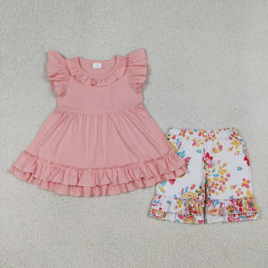 GSSO3743 Solid Pink Ruffle Fly Sleeve Shorts Girls Sets 202604 RTS