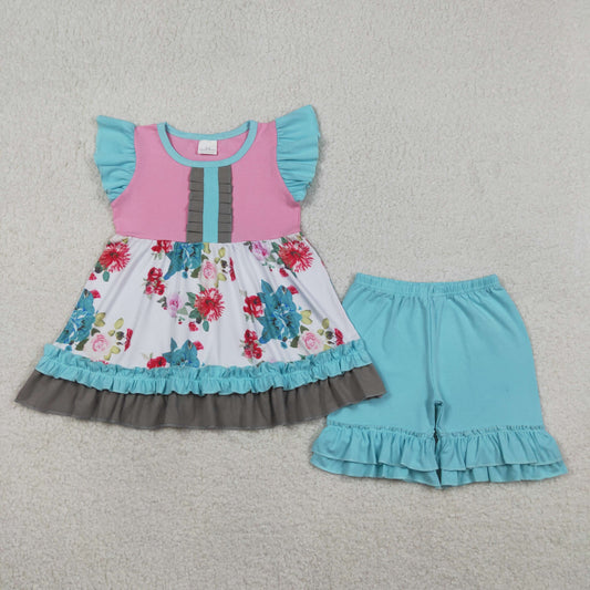 GSSO3744 Flower Ruffle Blue Fly Sleeve Shorts Girls Sets 202604 RTS