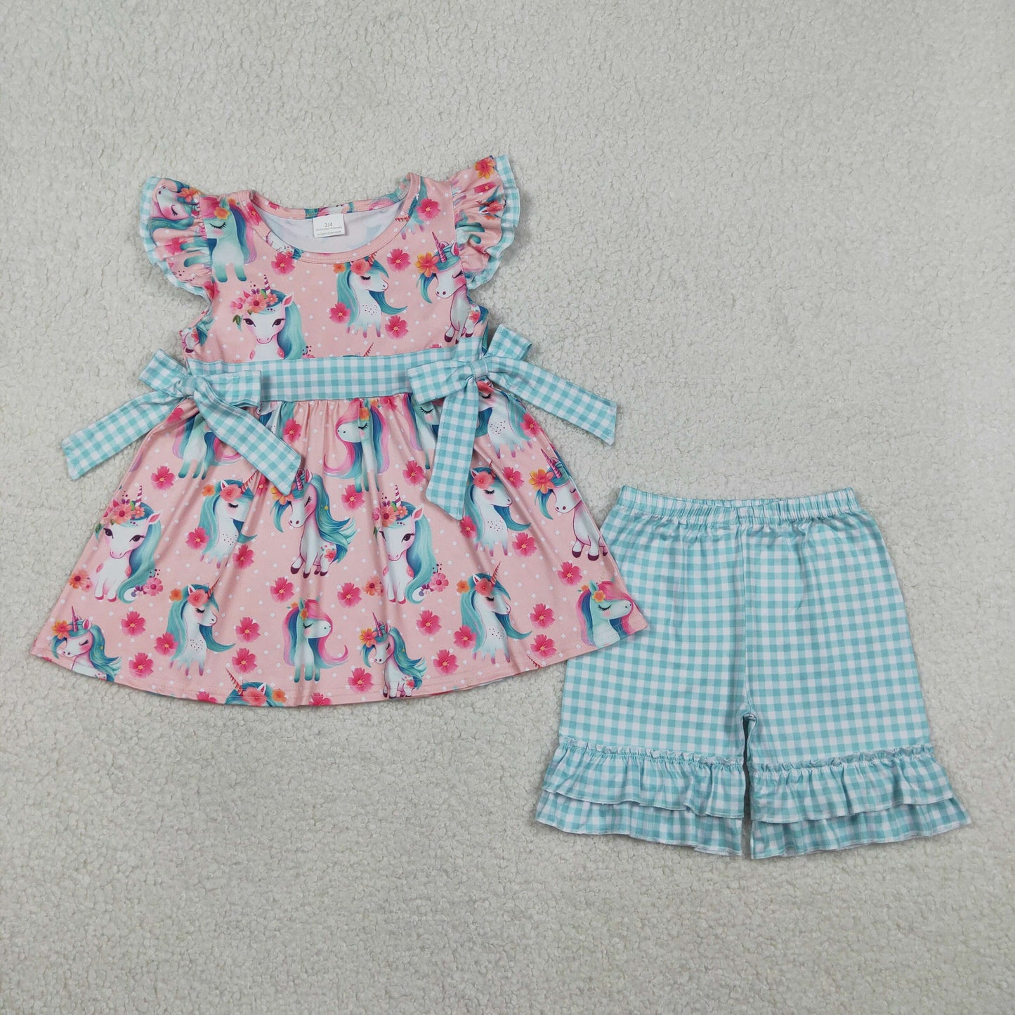 GSSO3747 Unicorn Flower Blue Plaid Bows Ruffle Fly Sleeve Shorts Girls Sets 202604 RTS