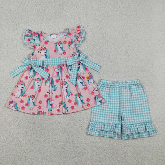 GSSO3747 Unicorn Flower Blue Plaid Bows Ruffle Fly Sleeve Shorts Girls Sets 202604 RTS