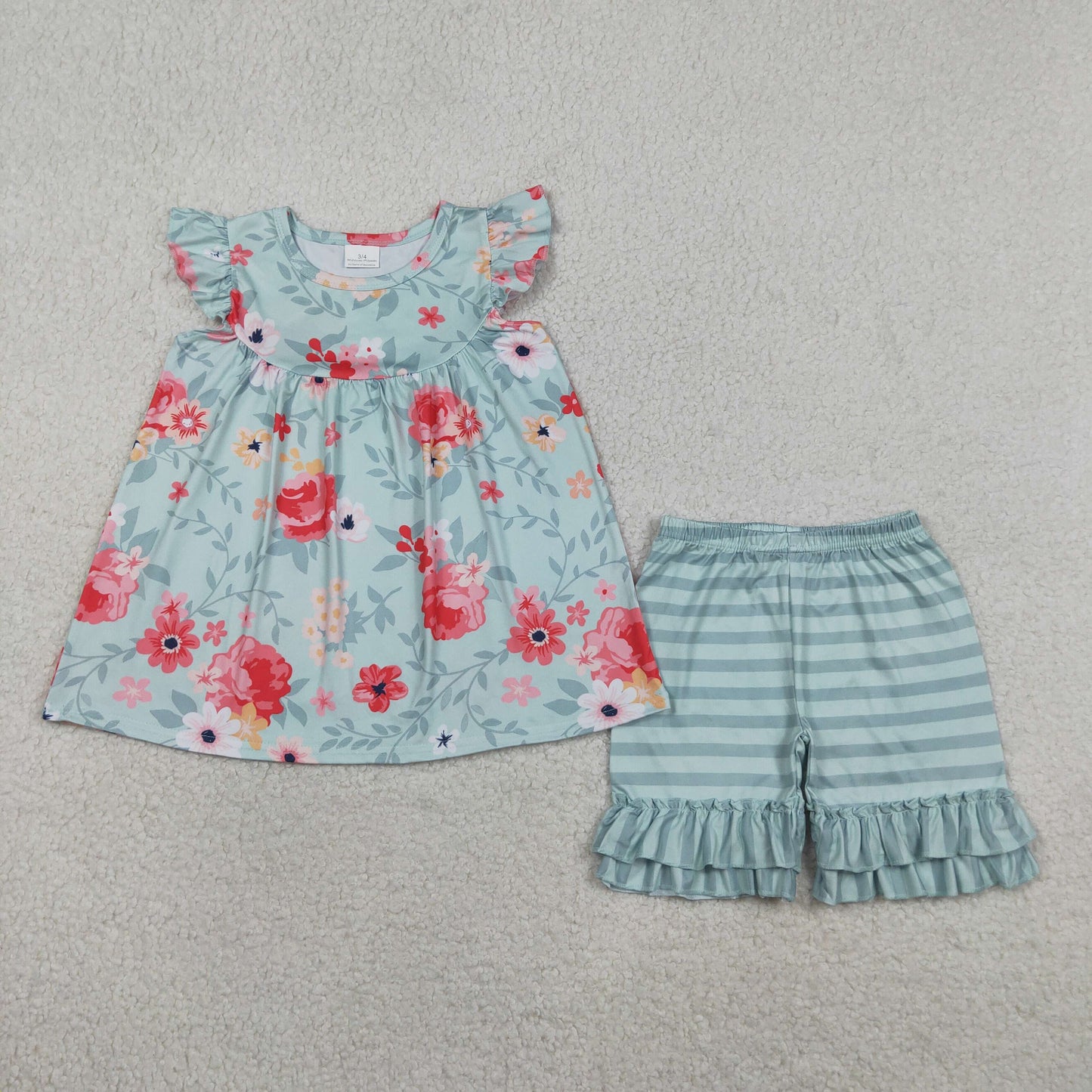 GSSO3748 Flower Pea Green Ruffle Fly Sleeve Shorts Girls Sets 202604 RTS