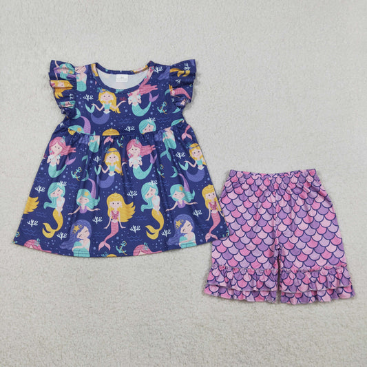 GSSO3751 Mermaid Navy Fly Sleeve Shorts Girls Sets 202604 RTS