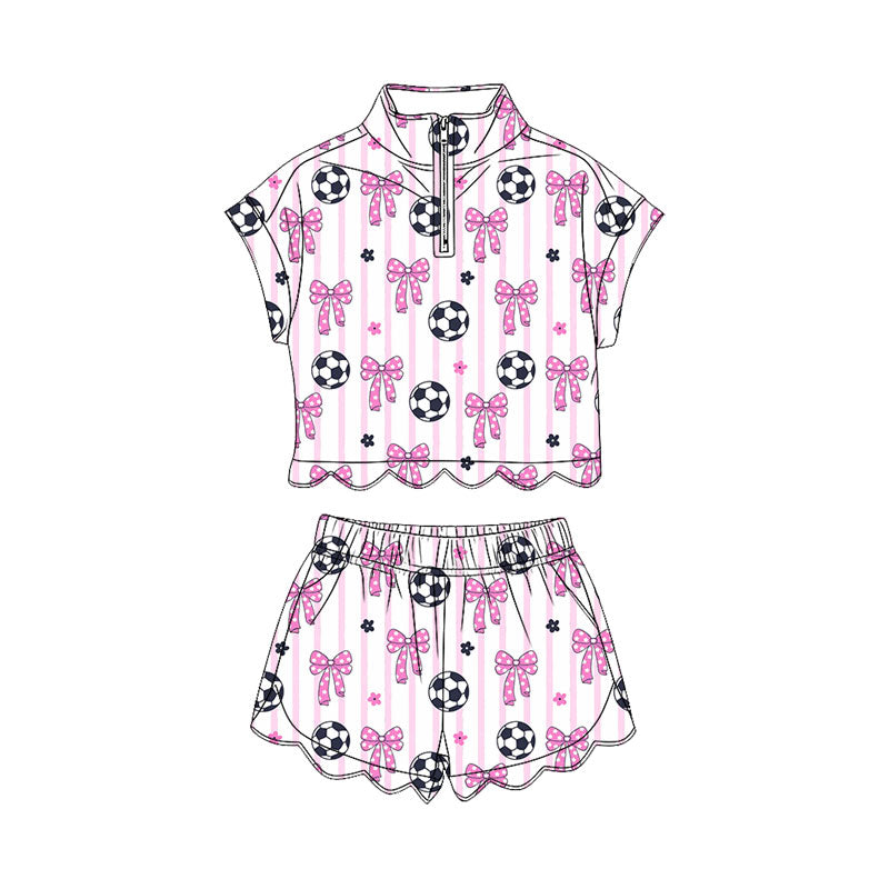 MOQ 30 PCS Preorder GSSO3753 GO TEAM Football Bows Flower Rose Red Stripe Zip Collar Wave Ruffle Short Sleeve Shorts Girls Sets 202604
