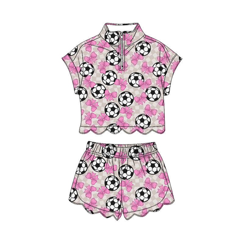 MOQ 30 PCS Preorder GSSO3754 GO TEAM Football Rose Red Bows Gray Plaid Zip Collar Wave Ruffle Short Sleeve Shorts Girls Sets 202604