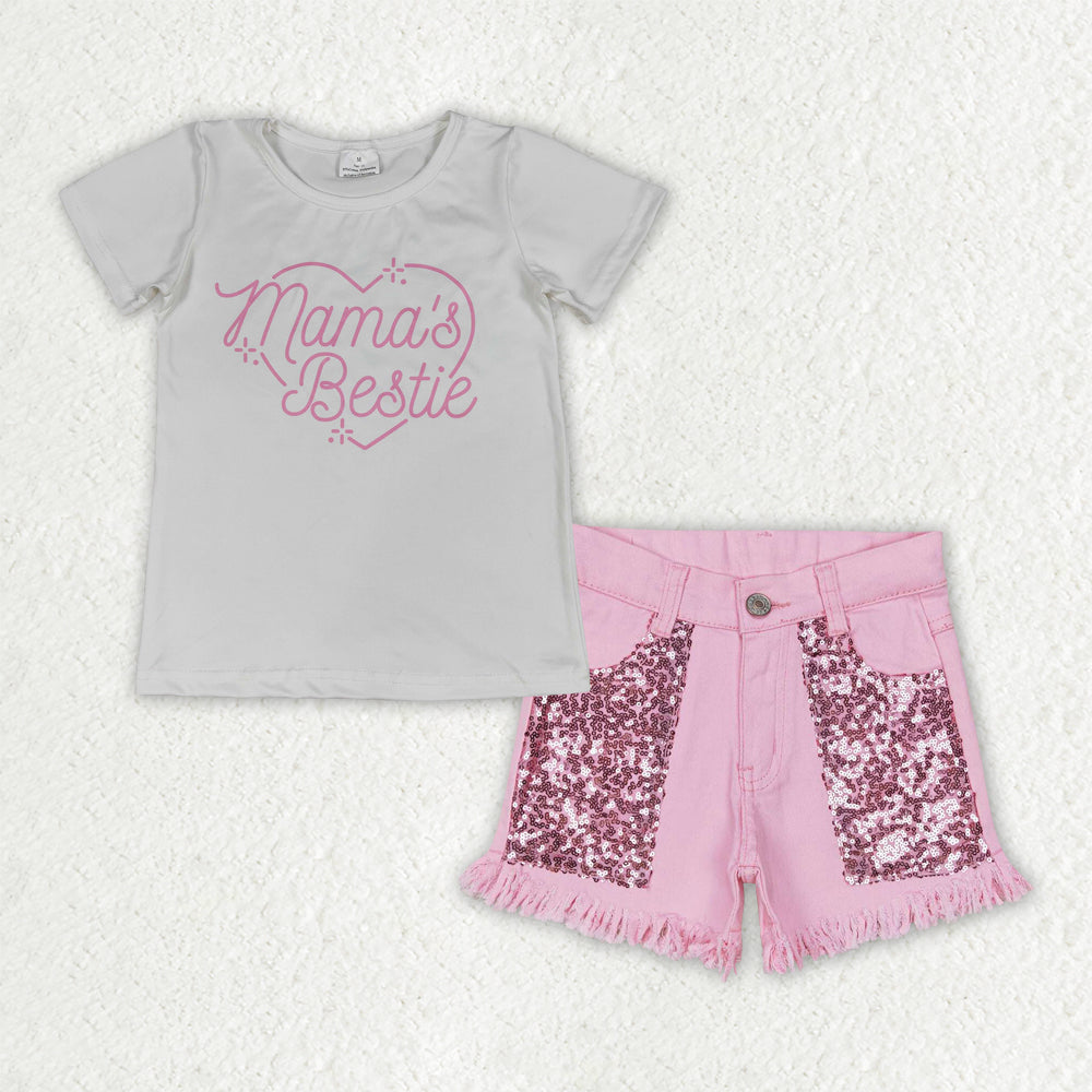 GSSO3756 Mothers Day MAMA'S BESTIE Letter Short Sleeve Pink Denim Shorts Girls Sets 202604 RTS