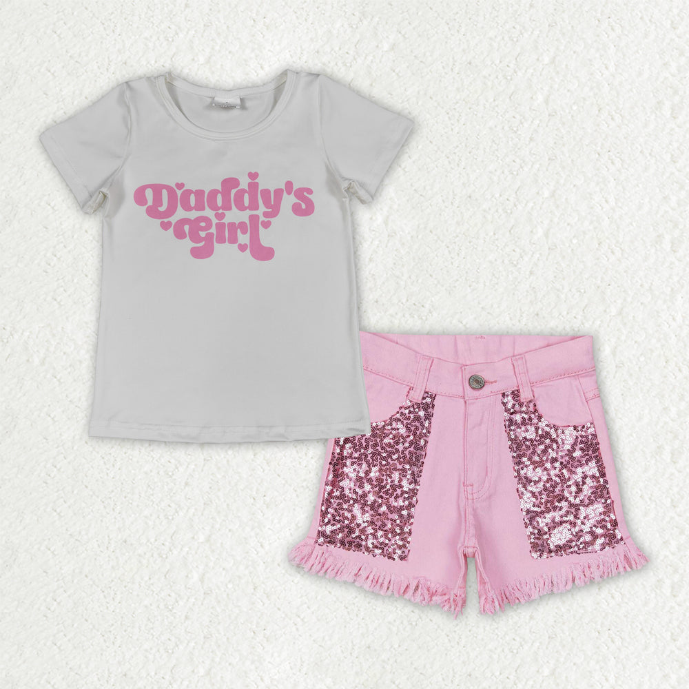 GSSO3757 Fathers Day DADDY'S GIRL Letter Short Sleeve Pink Denim Shorts Girls Sets 202604 RTS