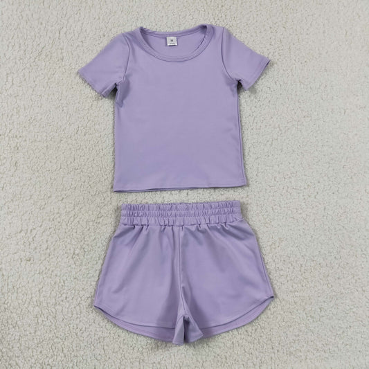 GSSO3759 Solid Purple Short Sleeve Shorts Girls Yoga Sets 202606 RTS