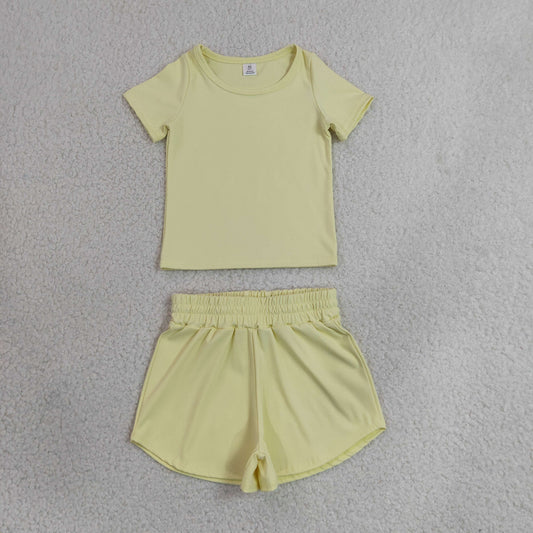 GSSO3763 Solid Yellow Short Sleeve Shorts Girls Yoga Sets 202606 RTS