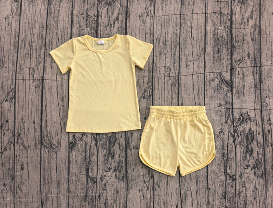NO MOQ Preorder GSSO3763 Solid Yellow Short Sleeve Shorts Girls Yoga Sets 202605