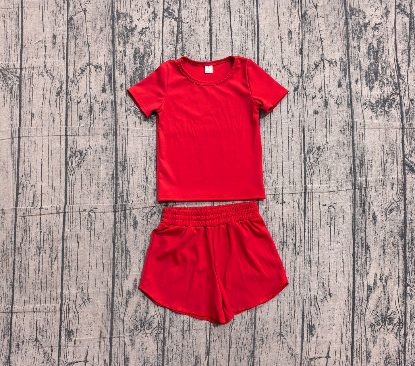 NO MOQ Preorder GSSO3765 Solid Red Short Sleeve Shorts Girls Yoga Sets 202605