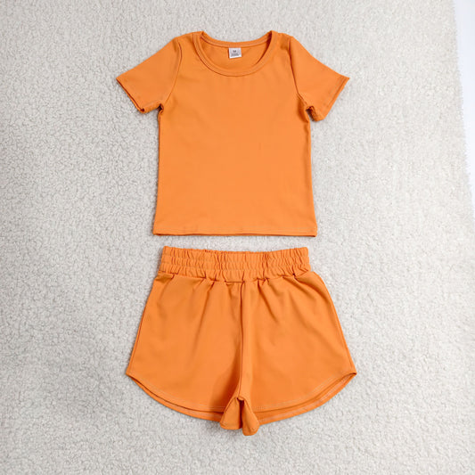GSSO3766 Solid Orange Short Sleeve Shorts Girls Yoga Sets 202606 RTS