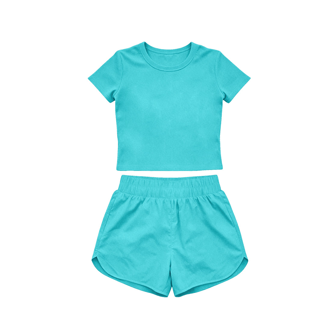 MOQ 5 PCS Preorder GSSO3768 Solid Blue Green Short Sleeve Shorts Girls Yoga Sets 202604