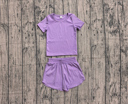 NO MOQ Preorder GSSO3769 Solid Purple Short Sleeve Shorts Girls Yoga Sets 202605