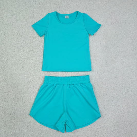 GSSO3771 Solid Mint Green Short Sleeve Shorts Girls Yoga Sets 202607 RTS