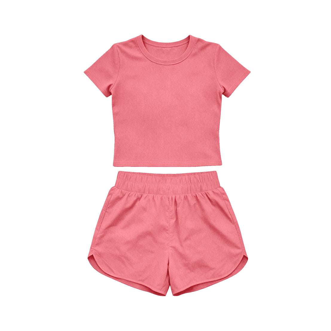 MOQ 5 PCS Preorder GSSO3772 Solid Coral Red Short Sleeve Shorts Girls Yoga Sets 202604