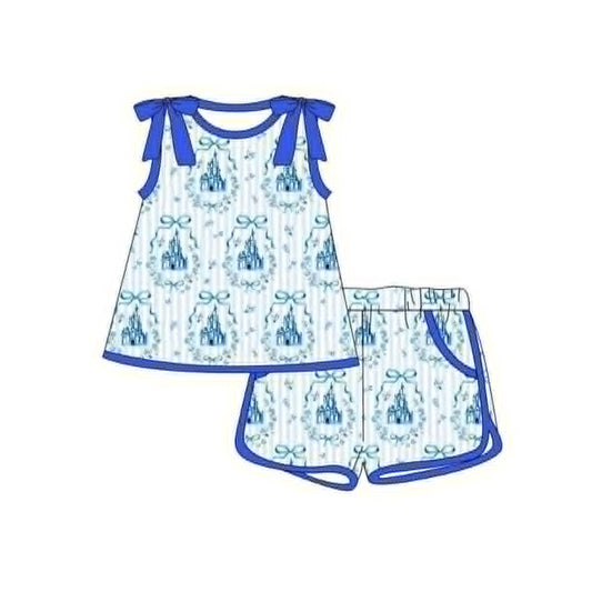 MOQ 5 PCS Preorder GSSO3776 Castle Bows Blue Sleeveless Shorts Girls Sets 202604