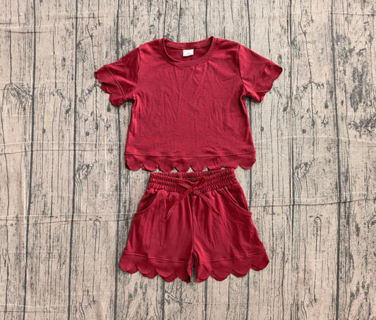NO MOQ Preorder GSSO3778 Solid Burgundy Wave Ruffle Short Sleeve Shorts Girls Sets 202606