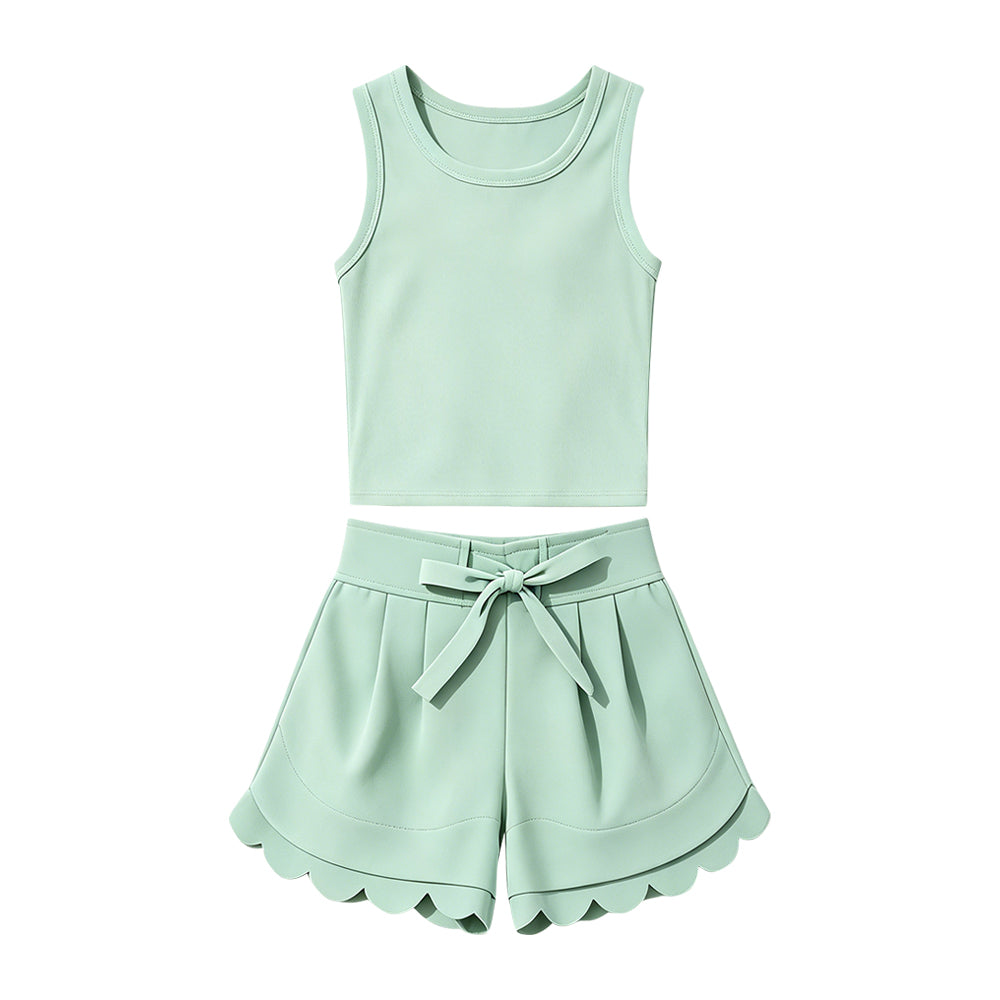 MOQ 30 PCS Preorder GSSO3779 Solid Light Green Sleeveless Scalloped Shorts Girls Yoga Sets 202604