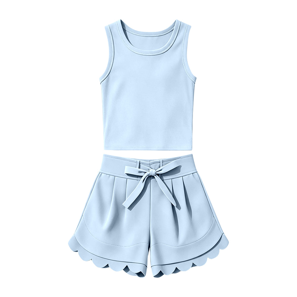 MOQ 30 PCS Preorder GSSO3780 Solid Light Pink Sleeveless Scalloped Shorts Girls Yoga Sets 202604