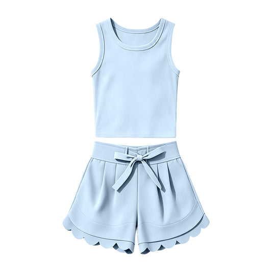 MOQ 30 PCS Preorder GSSO3780 Solid Light Pink Sleeveless Scalloped Shorts Girls Yoga Sets 202604