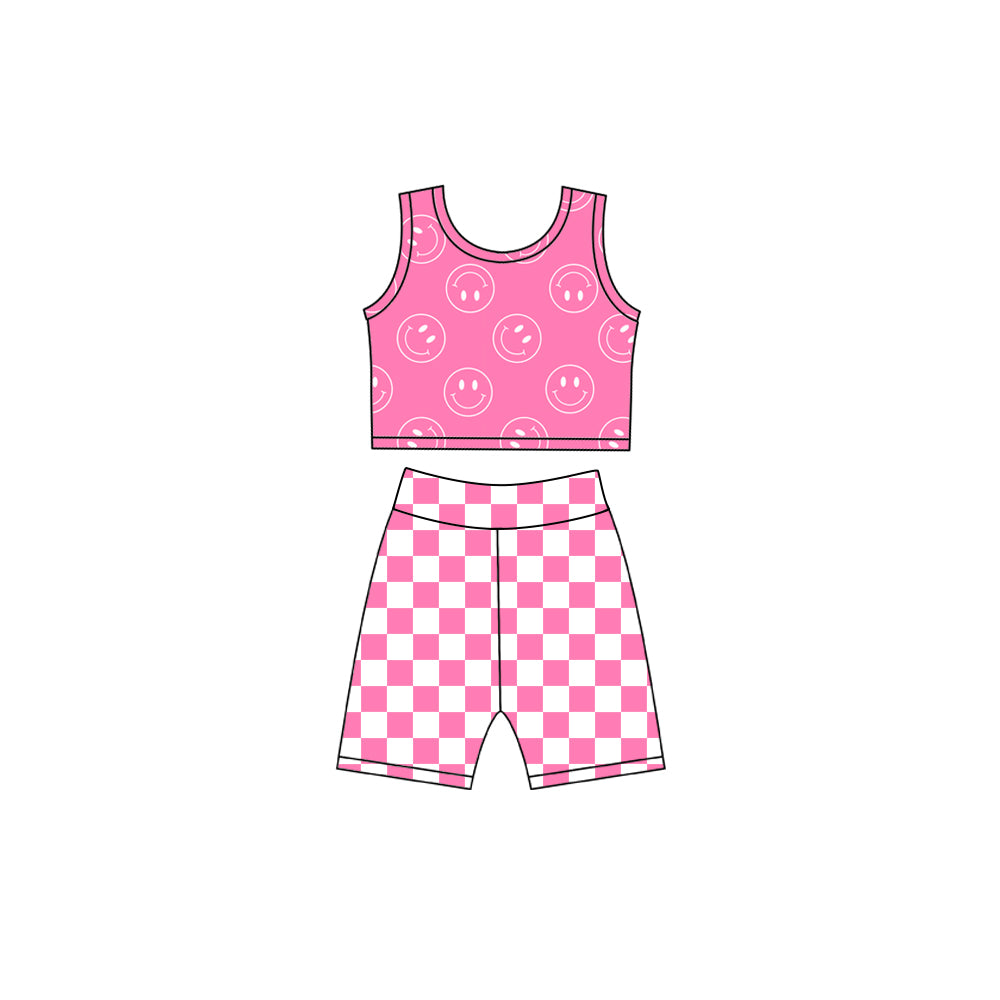 MOQ 5 PCS Preorder GSSO3785 Smile Face Rose Red Sleeveless Plaid Shorts Girls Yoga Sets 202604