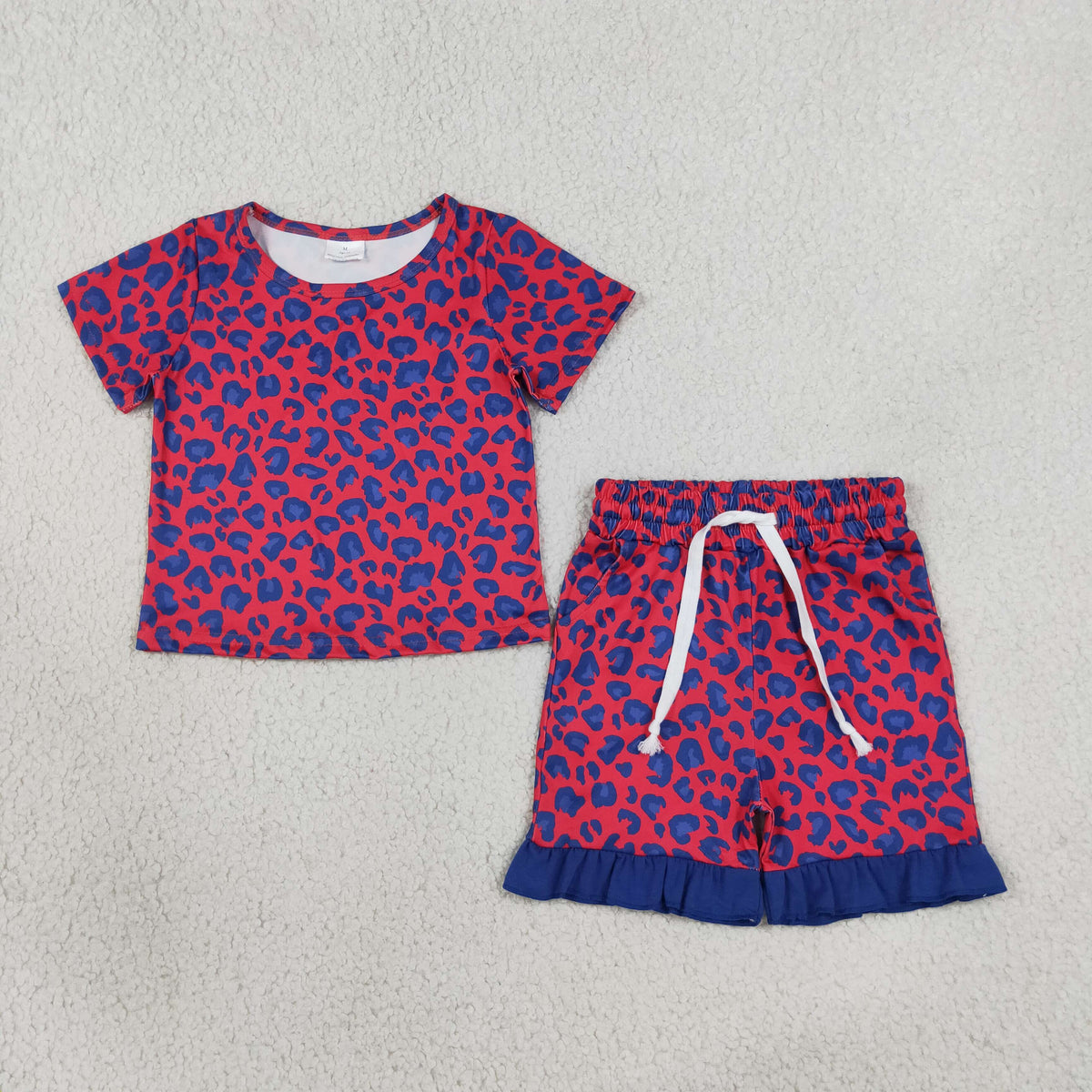GSSO3811 Rose Red Blue Leopard Ruffle Short Sleeve Shorts Girls Sets 202608 RTS
